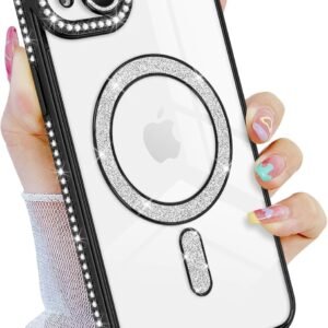 KingsKart Luxury Glitter Diamond Bumper Back Cover | Military-Grade Drop & Camera Protection | Clear Shockproof Case for iPhone 13 | Black