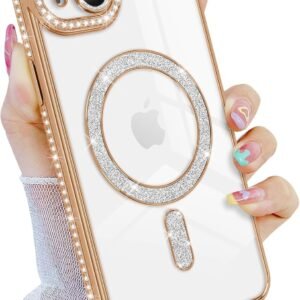 KingsKart Luxury Glitter Diamond Bumper Back Cover | Military-Grade Drop & Camera Protection | Clear Shockproof Case for iPhone 13 |Gold