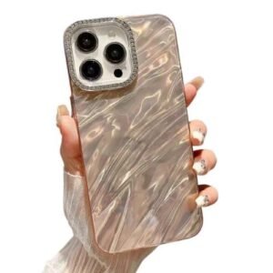 KingsKart Luxury Bling Glitter Case for iPhone 14 pro max (Gold Pink) | 3D Laser-Cut Water Ripple Design | Diamond Camera Protection | Glossy Mirror Finish